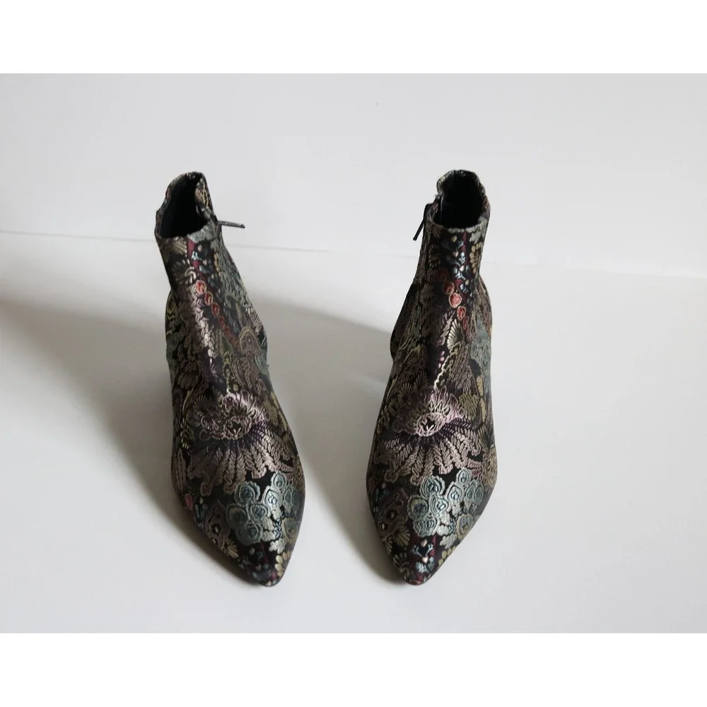 Alex Marie Jacquard Floral Black Multicolor Ankle Bootie Zip Pointed Toe Sz 7.5M